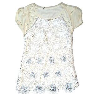 Women Cream Lace Top Size S Rhinestone Accents Short Sleeves Floral